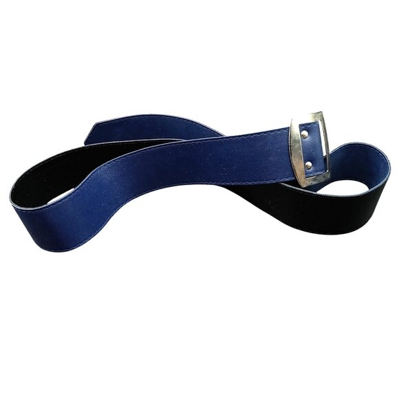 Vintage Blue Leather Belt With Brass Buckle - Picture 2 of 2